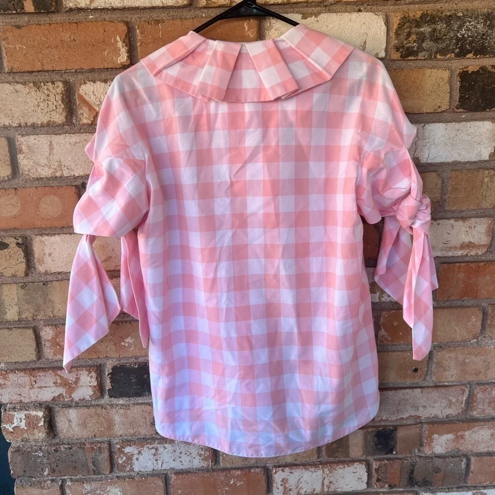 Tish Cox Peter Pan Collar Tie Sleeve Pink White Checkered Blouse